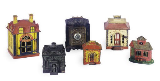 A GROUP OF POLYCHROME-PAINTED AND CAST IRON COIN BANKS,