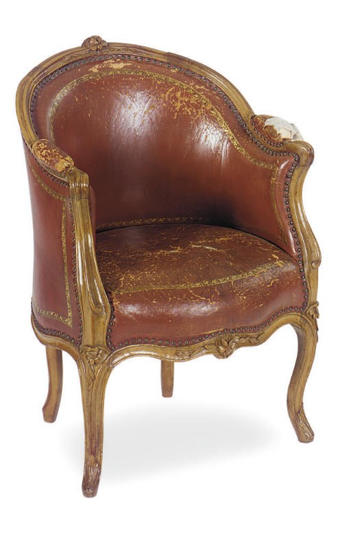 A LOUIS XV BEECHWOOD AND LEATHER UPHOLSTERED BERGERE,