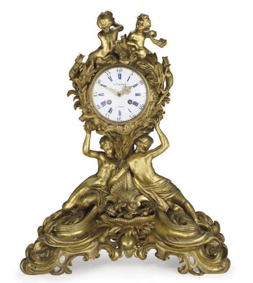 A LOUIS XV STYLE ORMOLU MANTLECLOCK,