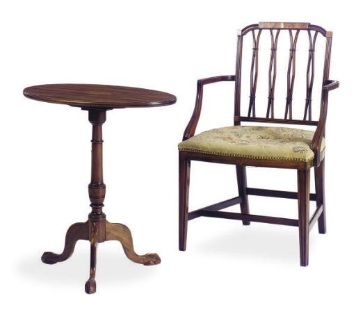 A MAHOGANY OPEN ARMCHAIR AND CANDLESTAND,