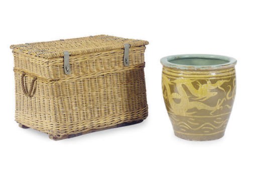 A BAMBOO, STEEL AND CANED TRUNK,