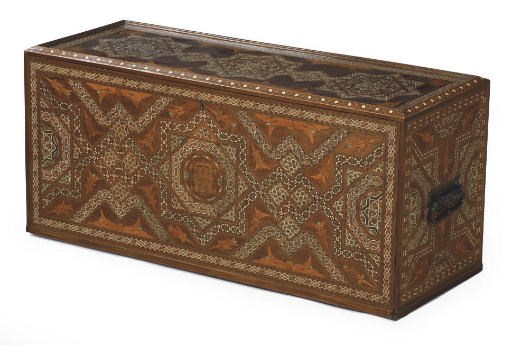A HISPANO-MORESQUE WALNUT, FRUITWOOD AND IVORY MARQUETRY TABLE CABINET 'ESCRITORIO'