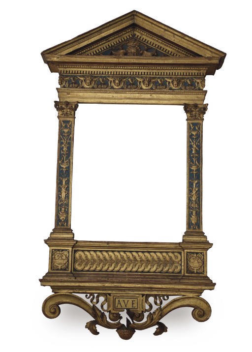 A NORTH ITALIAN PARCEL-GILT AND BLUE-PAINTED TABERNACLE FRAME