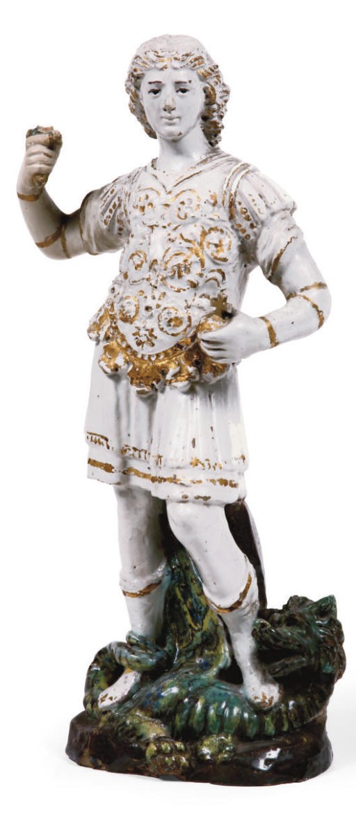 AN ITALIAN GLAZED-TERRACOTTA GROUP OF SAINT MICHAEL SLAYING THE DRAGON