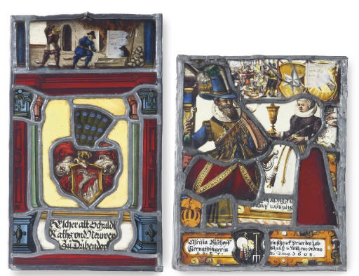 FOUR VARIOUS STAINED-GLASS FRAGMENTARY PANELS