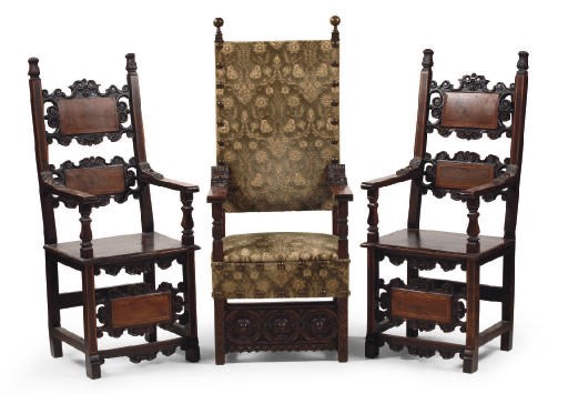 A PAIR OF AUSTRIAN WALNUT AND STAINED WALNUT HIGH-BACK ARMCHAIRS