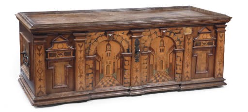 AN AUSTRIAN IRON-MOUNTED FRUITWOOD AND OAK MARQUETRY CHEST