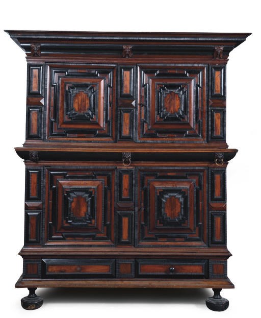 A FLEMISH ROSEWOOD, EBONY AND EBONIZED CUPBOARD