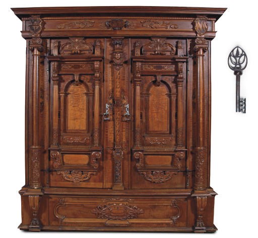A SWISS WROUGHT-IRON MOUNTED WALNUT, ASH AND FRUITWOOD MARQUETRY CUPBOARD 'FASSADENSCHRANK'