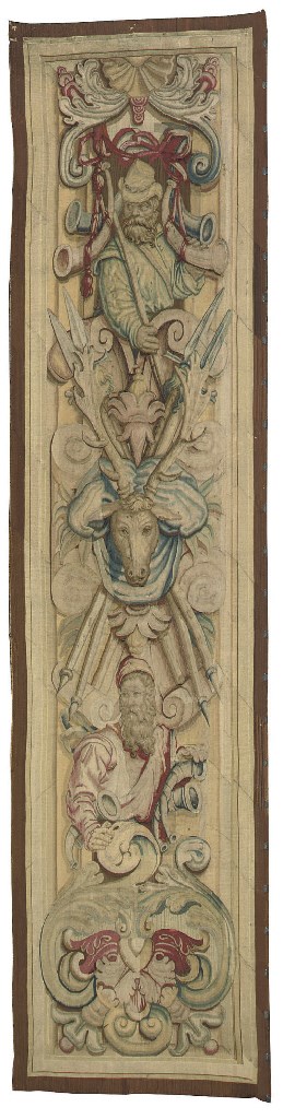 A HUNTING TROPHY FENETRE TAPESTRY PANEL