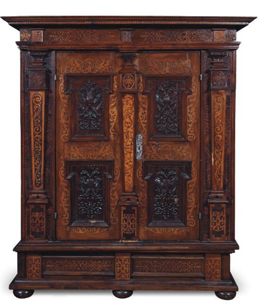 AN AUSTRIAN, WALNUT, FRUITWOOD AND STAINED PINE CUPBOARD