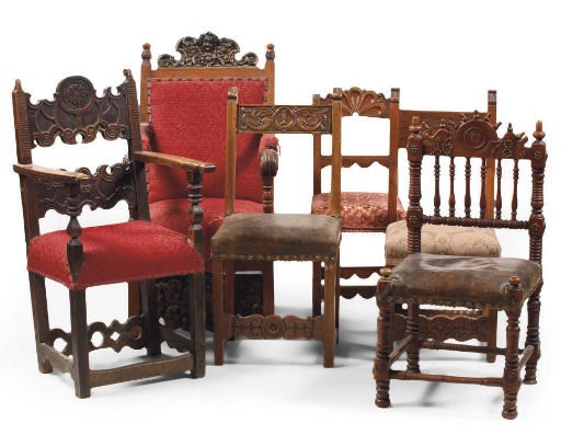 SIX VARIOUS WALNUT, PINE AND OAK CHAIRS
