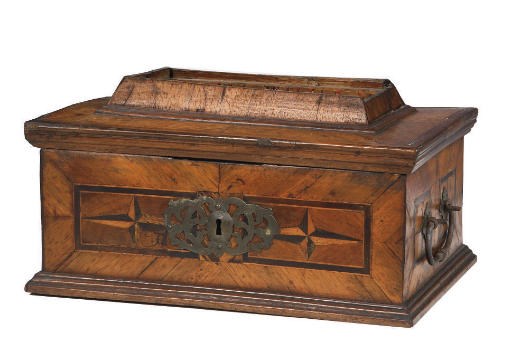 A SOUTH GERMAN METAL-MOUNTED WALNUT AND FRUITWOOD MARQUETRY CASKET