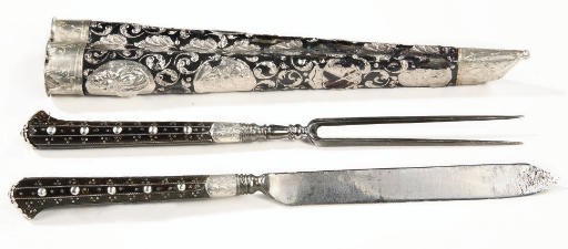 AN ENAMELLED WHITE METAL AND HORN CUTLERY SET