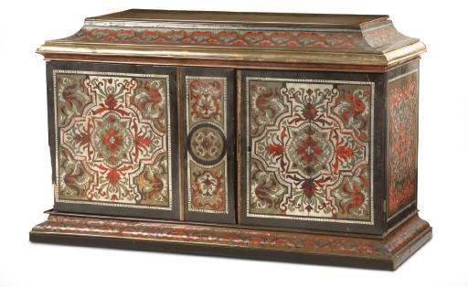 A LOUIS XIV BRASS AND PEWTER-INLAID TORTOISESHELL AND EBONIZED TABLE CABINET