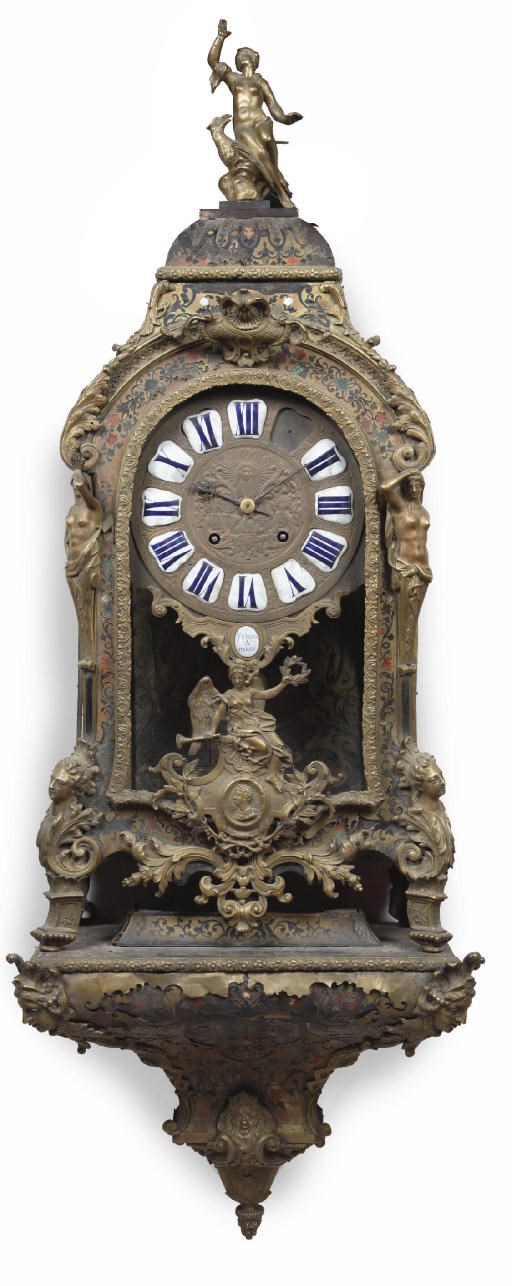 A LOUIS XIV ORMOLU-MOUNTED, TORTOISESHELL, BRASS, MOTHER-OF-PEARL AND RED AND GREEN STAINED HORN BOULLE MARQUETRY BRACKET CLOCK, ON WALL BRACKET