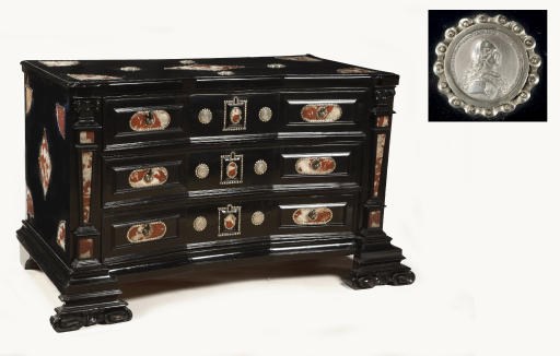 A NORTH ITALIAN WHITE-METAL MOUNTED AND ROUGE ROYAL MARBLE INSET EBONIZED COMMODE