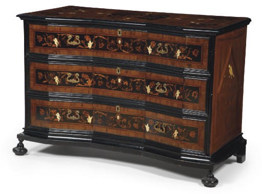 A NORTH ITALIAN BONE-INLAID OLIVEWOOD, WALNUT, EBONIZED AND FRUITWOOD MARQUETRY COMMODE