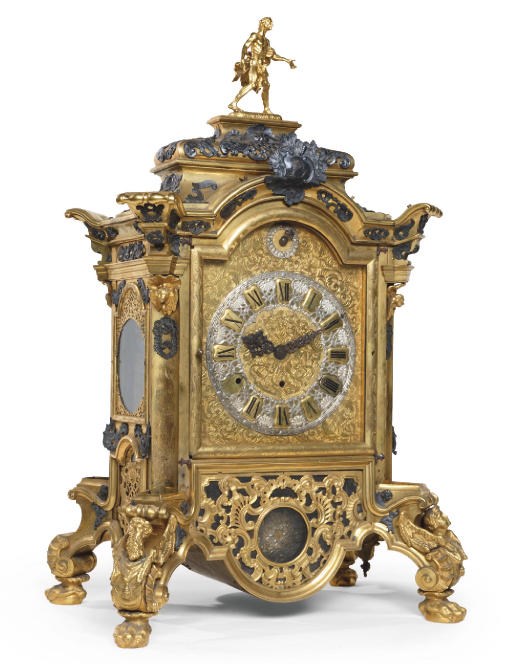 A LARGE WHITE-METAL MOUNTED, GILT- AND ENGRAVED BRASS GRANDE SONNERIE TABLE CLOCK