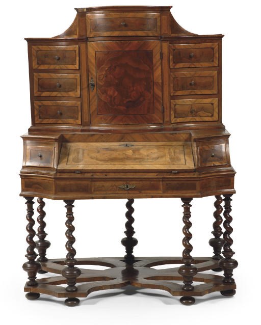 A SOUTH GERMAN WALNUT, FRUITWOOD AND MARQUETRY BUREAU CABINET-ON-STAND