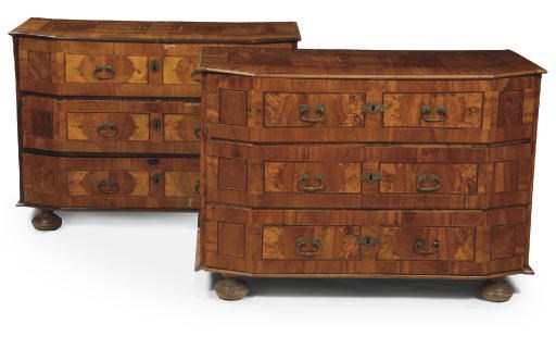 A PAIR OF AUSTRIAN BRASS-MOUNTED WALNUT, FRUITWOOD AND BURR-BIRCH COMMODES