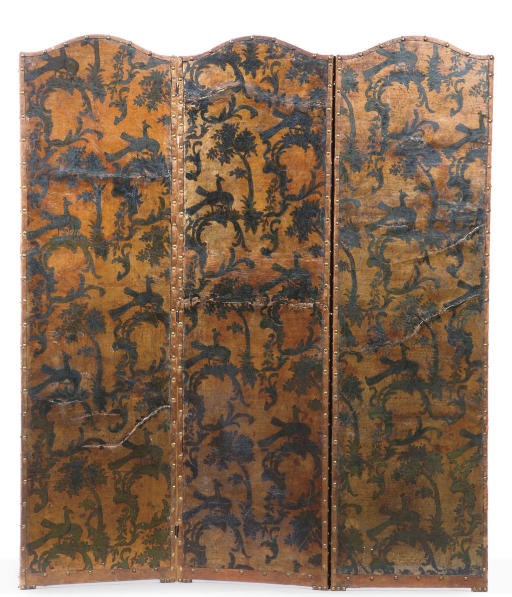 A NETHERLANDISH GREEN-PAINTED GILT-EMBOSSED LEATHER THREE-LEAF SCREEN