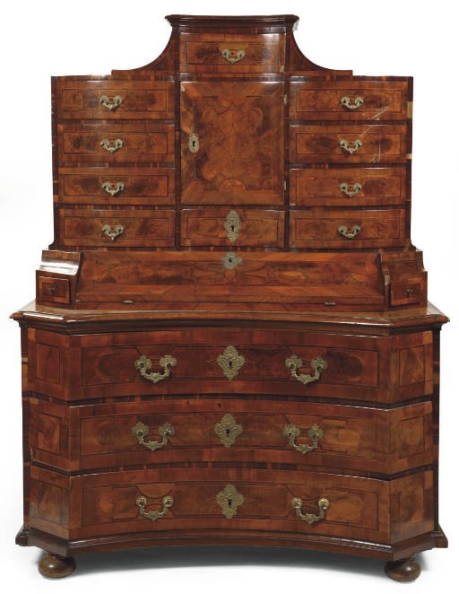 AN AUSTRIAN BRASS-MOUNTED WALNUT, FIGURED-WALNUT, FRUITWOOD AND MARQUETRY BUREAU-CABINET