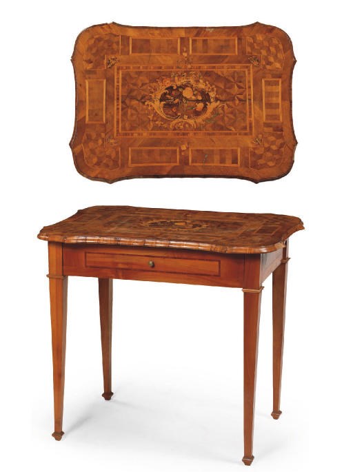 AN AUSTRIAN SYCAMORE, TULIPWOOD, WALNUT, FRUITWOOD, MARQUETRY AND PARQUETRY CENTRE TABLE