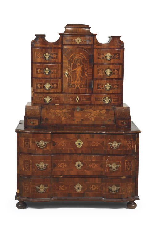 AN AUSTRIAN ORMOLU-MOUNTED WALNUT, MAPLE AND PADOUK MARQUETRY BUREAU-CABINET 'AUFSATZSEKRETÄR'