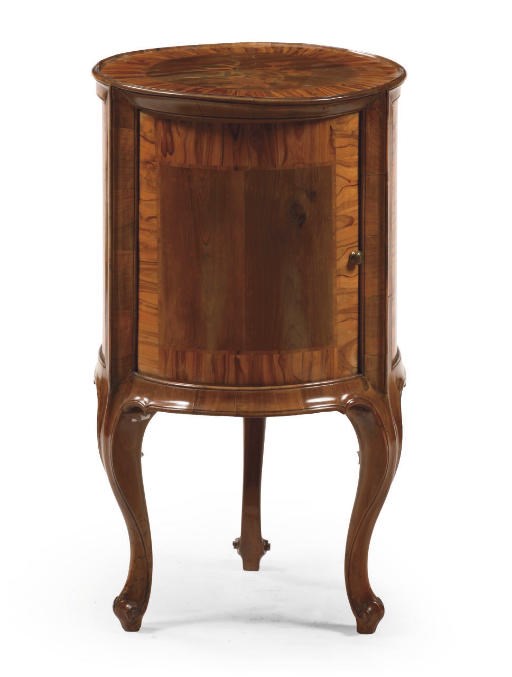 AN AUSTRIAN FRUITWOOD AND WALNUT MARQUETRY OCCASIONAL TABLE 'TROMMELTISCH'