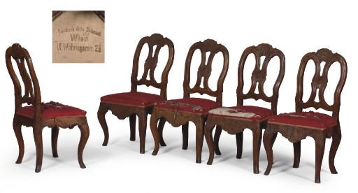 A SET OF FIVE AUSTRIAN CARVED STAINED ASH SIDE CHAIRS