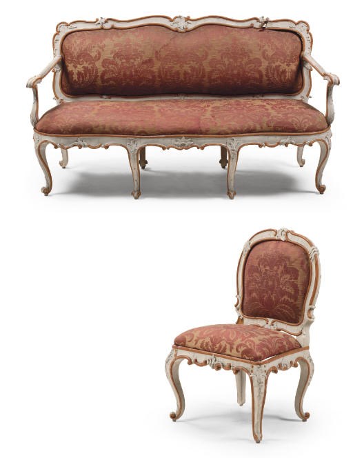 A SUITE OF SOUTH-GERMAN WHITE AND RED-PAINTED CARVED SEAT FURNITURE