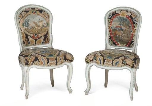 A PAIR OF AUSTRIAN WHITE AND GREEN-PAINTED SIDE CHAIRS