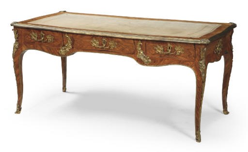 A LOUIS XV ORMOLU-MOUNTED TULIPWOOD AND PARQUETRY BUREAU PLAT