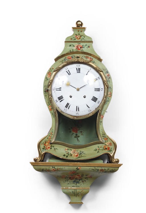 A SWISS PARCEL-GILT AND GREEN-PAINTED QUARTER STRIKING BRACKET CLOCK ON WALL BRACKET