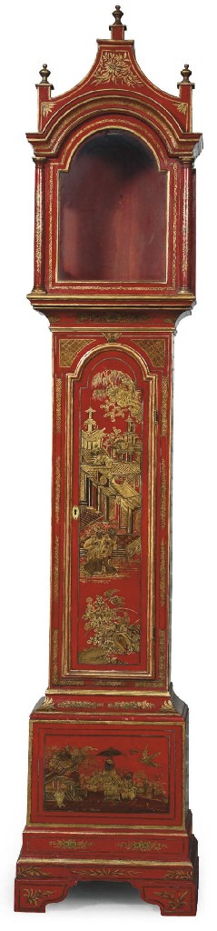 A GEORGE III RED AND GILT-JAPANNED LONGCASE CLOCK CASE