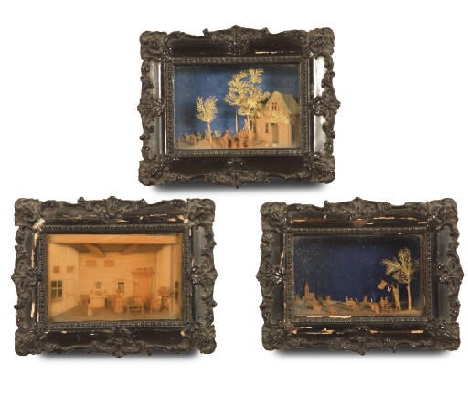 THREE DUTCH CARVED WOOD AND CUT PAPER DIORAMA'S 'BAVELAARS'