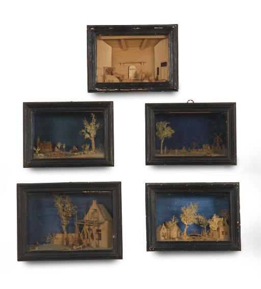 FIVE DUTCH CARVED WOOD AND CUT PAPER DIORAMA'S 'BAVELAARS'