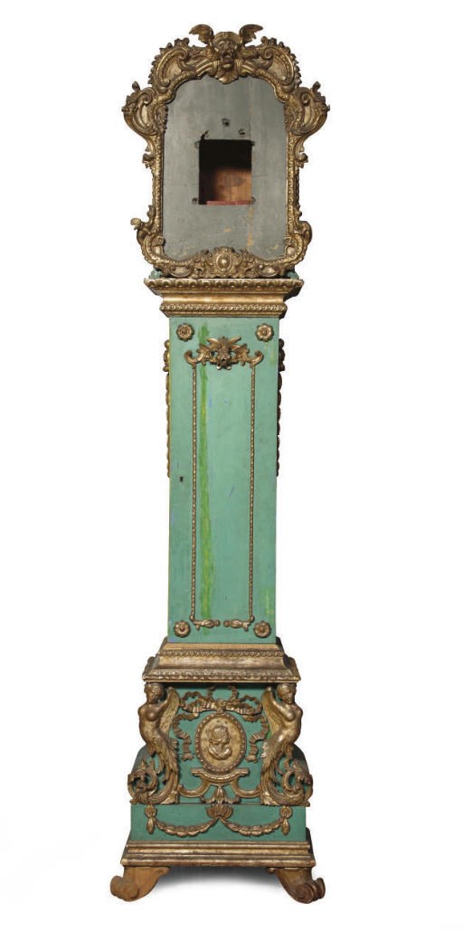 AN ITALIAN GREEN-PAINTED AND GILT-VARNISHED SILVERED CLOCK CASE