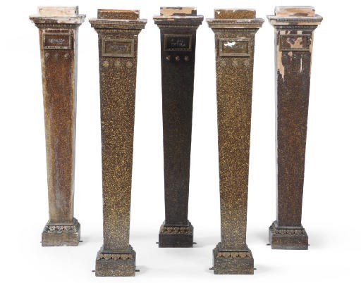 A SET OF FIVE AUSTRIAN PARCEL-GILT AND FAUX PORPHYRY PEDESTALS