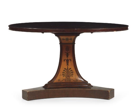 AN AUSTRIAN MAHOGANY, MAPLE AND FRUITWOOD MARQUETRY CENTRE TABLE