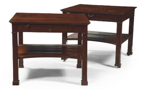 A NEAR PAIR OF AUSTRIAN MAHOGANY LIBRARY TABLES