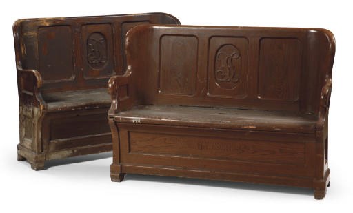 A PAIR OF AUSTRIAN GRAINED HALL BENCHES