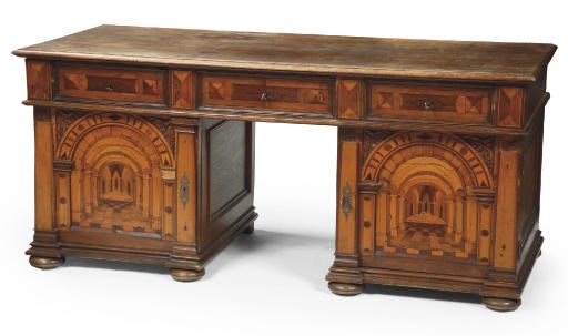 A NORTH EUROPEAN OAK, WALNUT AND FRUITWOOD MARQUETRY PEDESTAL DESK