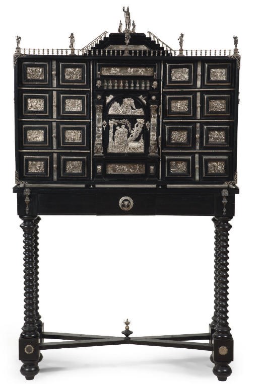 A SILVER-MOUNTED EBONIZED AND ROCK CRYSTAL CABINET-ON-STAND