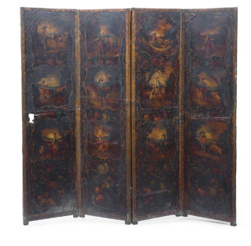 A POLYCHROME-DECORATED LEATHER FOUR-LEAF SCREEN