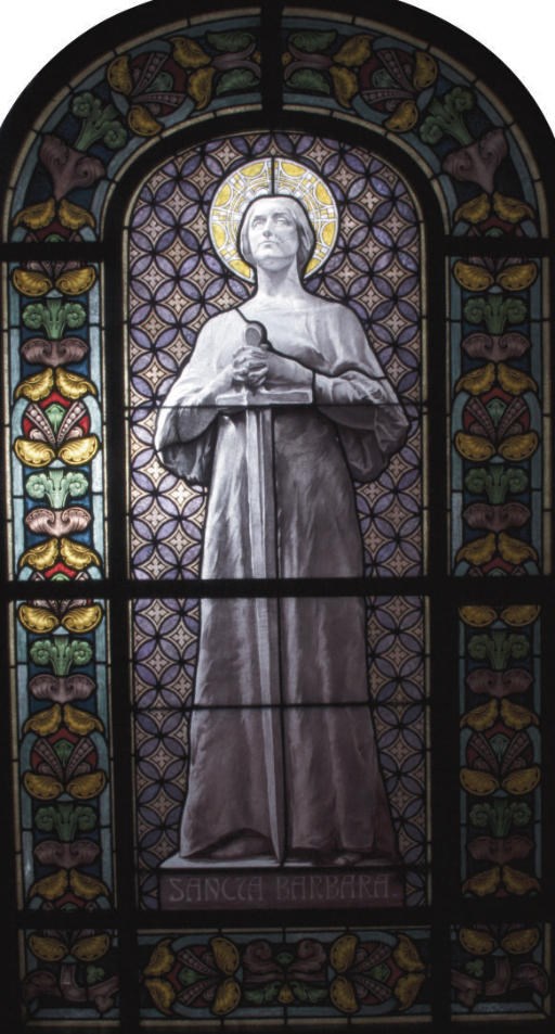 AN AUSTRIAN STAINED-GLASS WINDOW PANEL DEPICTING ST. BARBARA