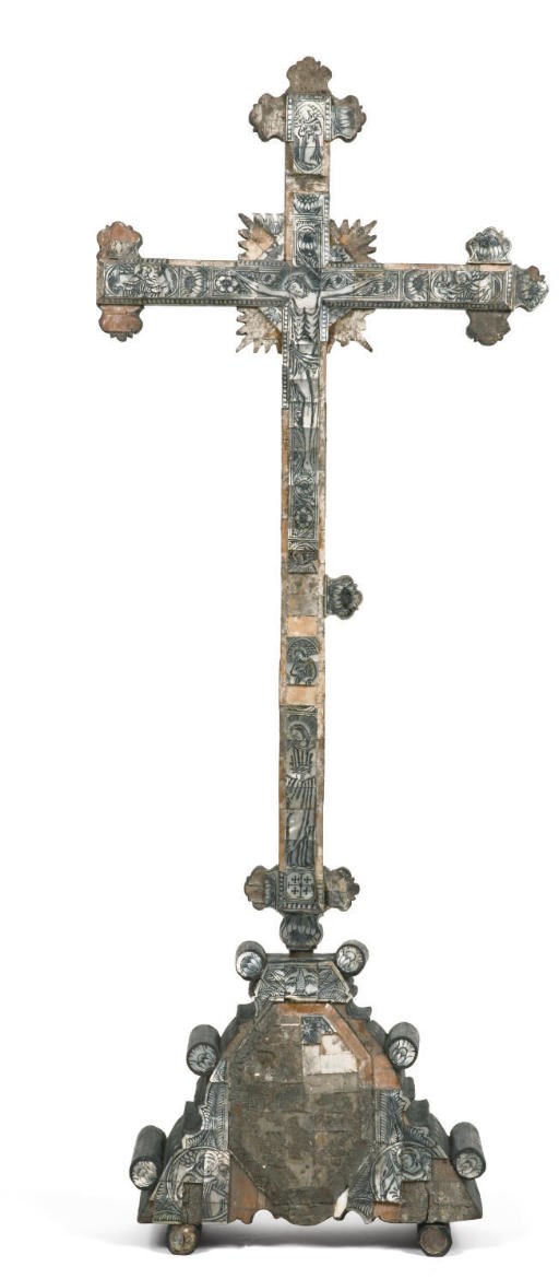 AN ENGRAVED MOTHER-OF-PEARL AND EBONIZED CRUCIFIX