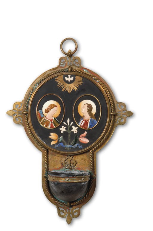A ITALIAN PIETRA DURA AND BRASS HOLY WATER STOOP