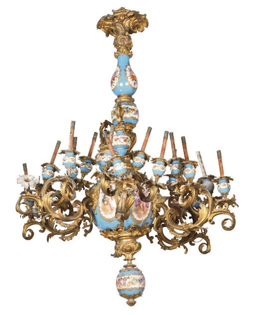 A FRENCH ORMOLU AND PORCELAIN TWENTY-FOUR LIGHT CHANDELIER